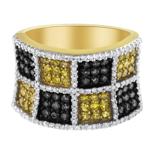 Close-up front angle of a wide yellow metal ring featuring alternating square sections of yellow, black, and champagne-colored round gemstones set with white gemstone borders.
