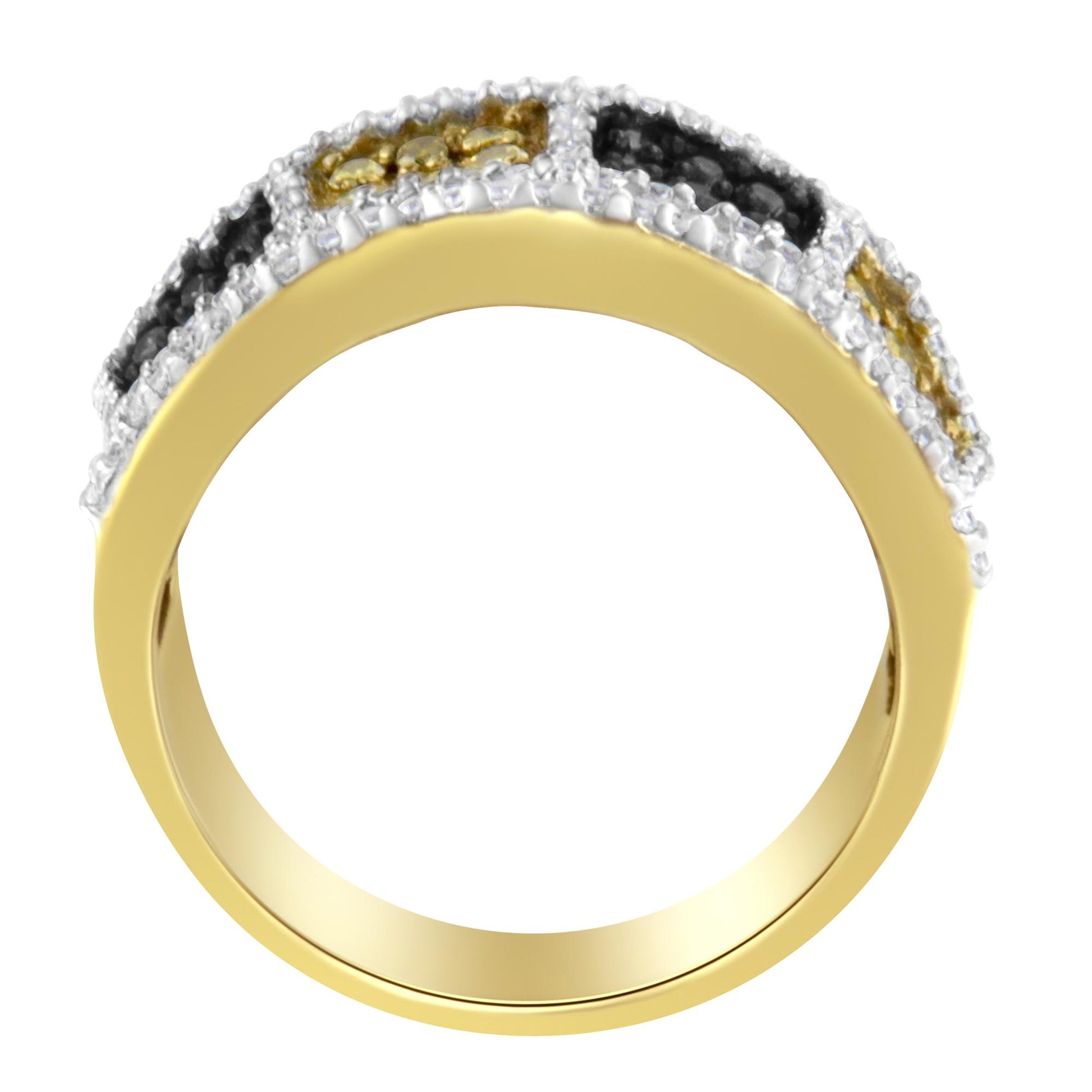 Yellow metal ring with alternating yellow, champagne, and white gemstones in prong settings, shown from a side angle.