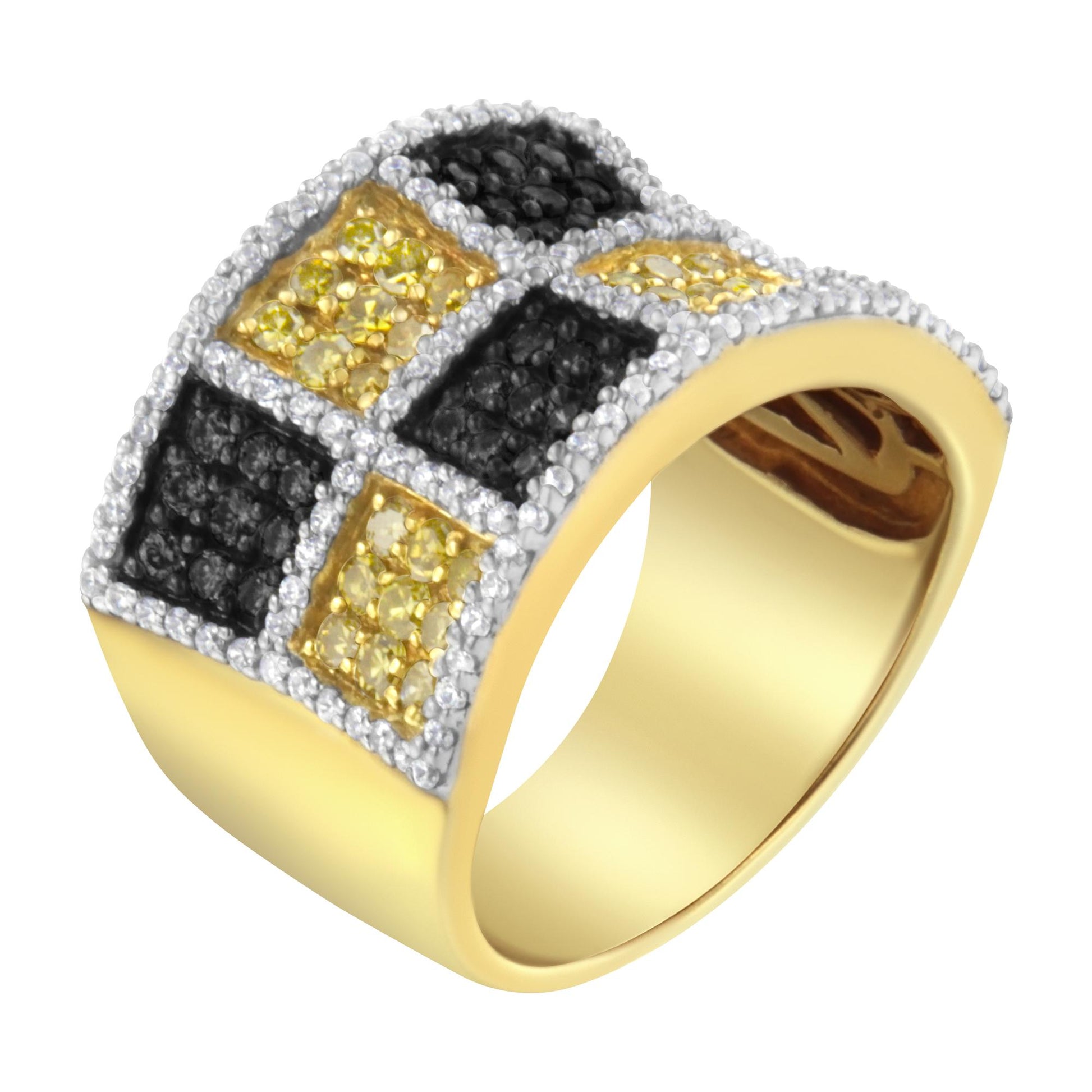 Yellow metal ring with a wide band, checkerboard pattern of prong-set round white, yellow, and champagne gemstones on top, shown at a slight angle.