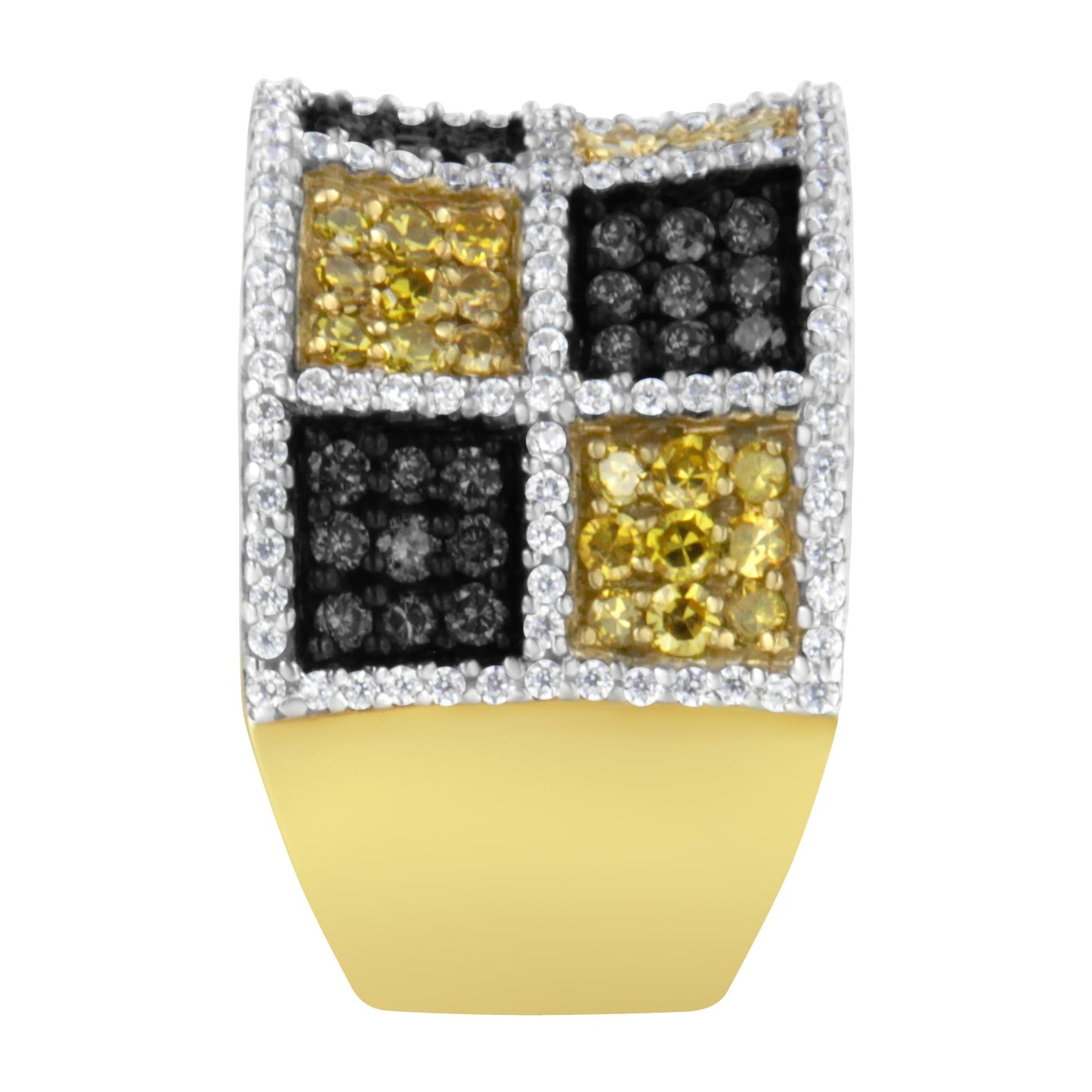 Front angle of a wide yellow metal ring featuring a checkerboard pattern of square sections with round prong-set white, yellow, and champagne-colored gemstones surrounded by small white gemstones.