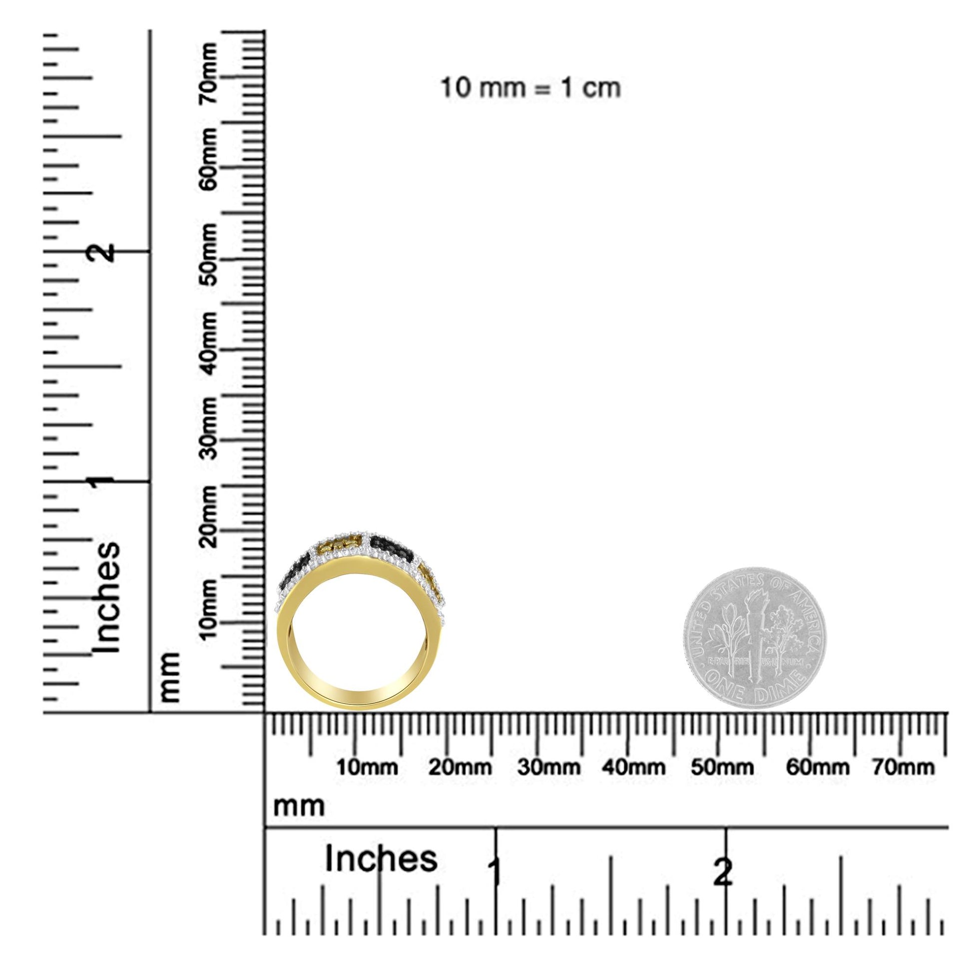 Yellow metal ring with white, yellow, and champagne round gemstones in prong settings, shown from the side, placed on a ruler for size reference.