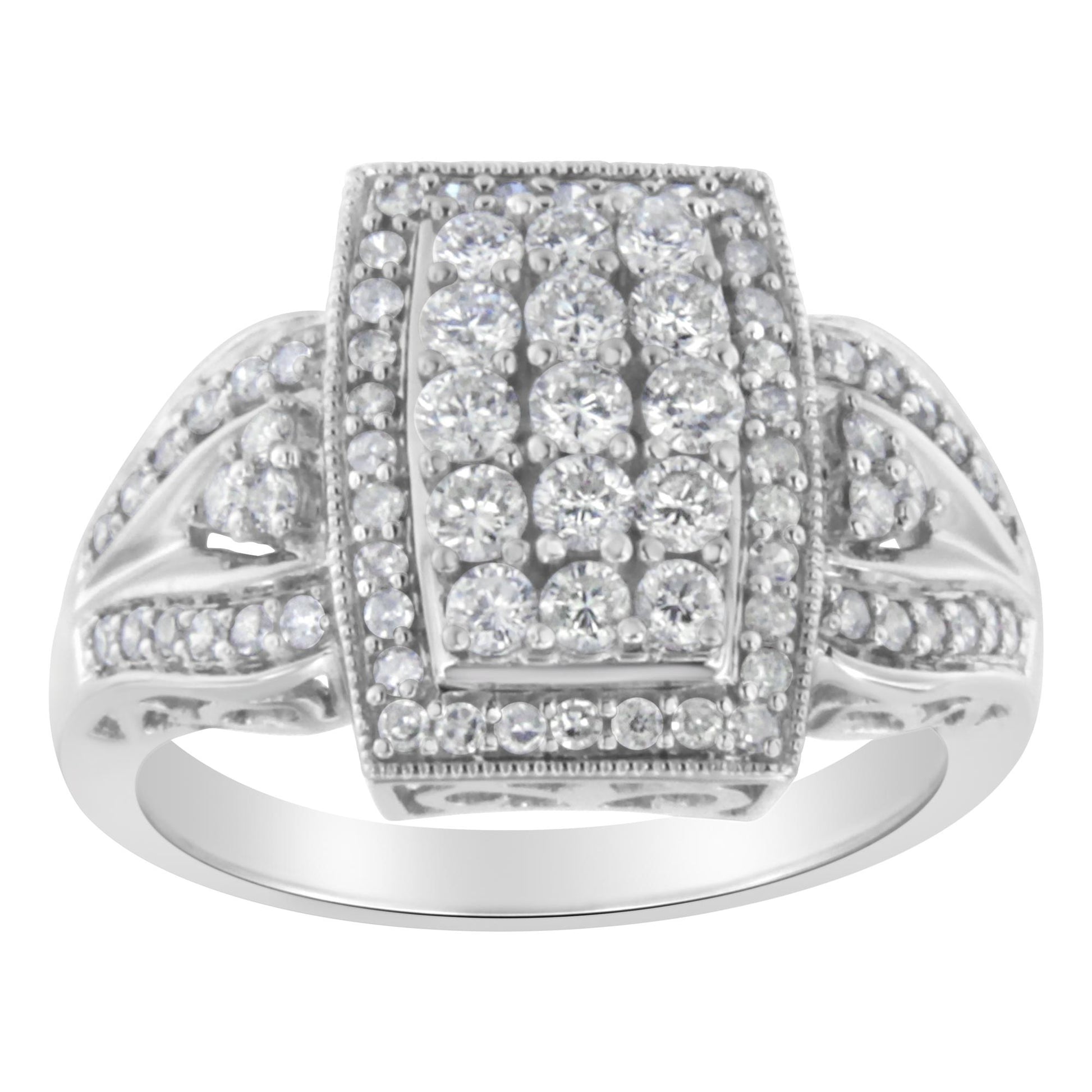 White metal ring with rectangular face featuring multiple round white gemstones in pave setting, shown from front angle.