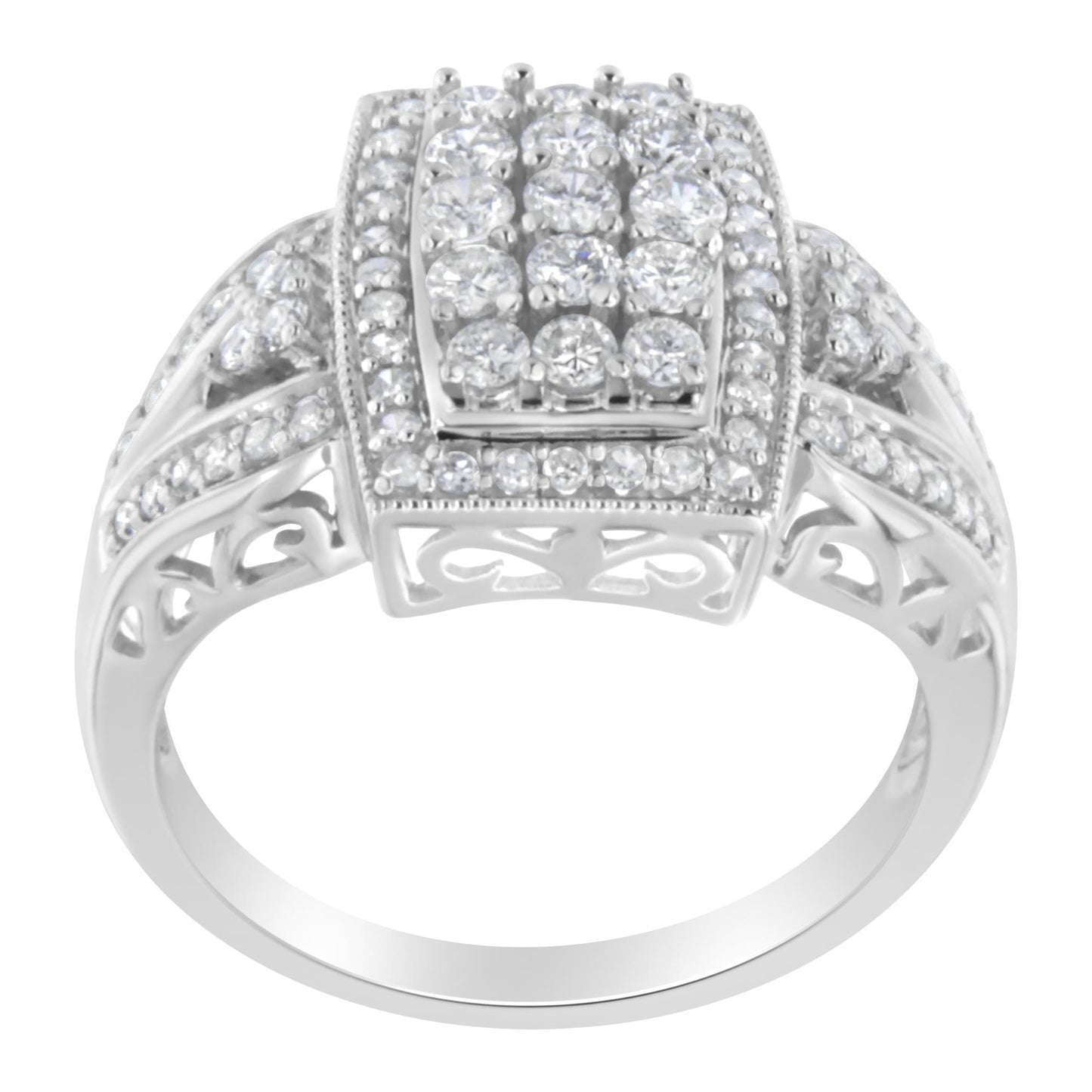 Front angle view of a white metal ring with multiple round white gemstones in pave setting on the top and along the band, featuring intricate cut-out details on the sides.