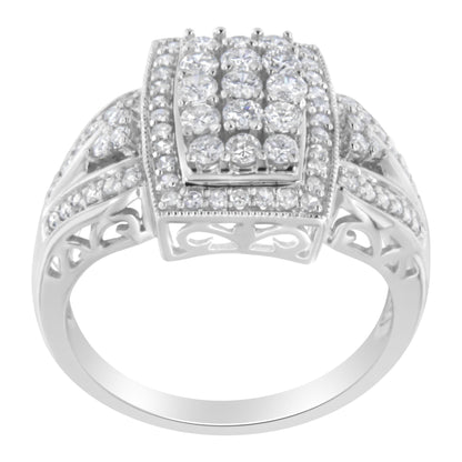 Front angle view of a white metal ring with multiple round white gemstones in pave setting on the top and along the band, featuring intricate cut-out details on the sides.