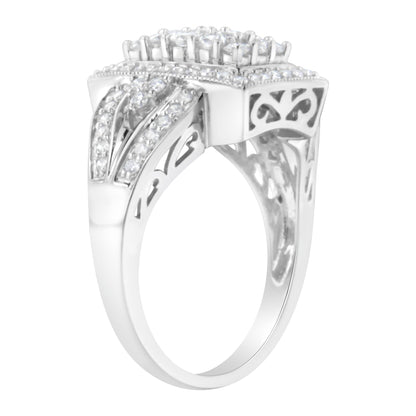 White metal ring with round white gemstones in pave setting and filigree detailing, shown from a side angle.
