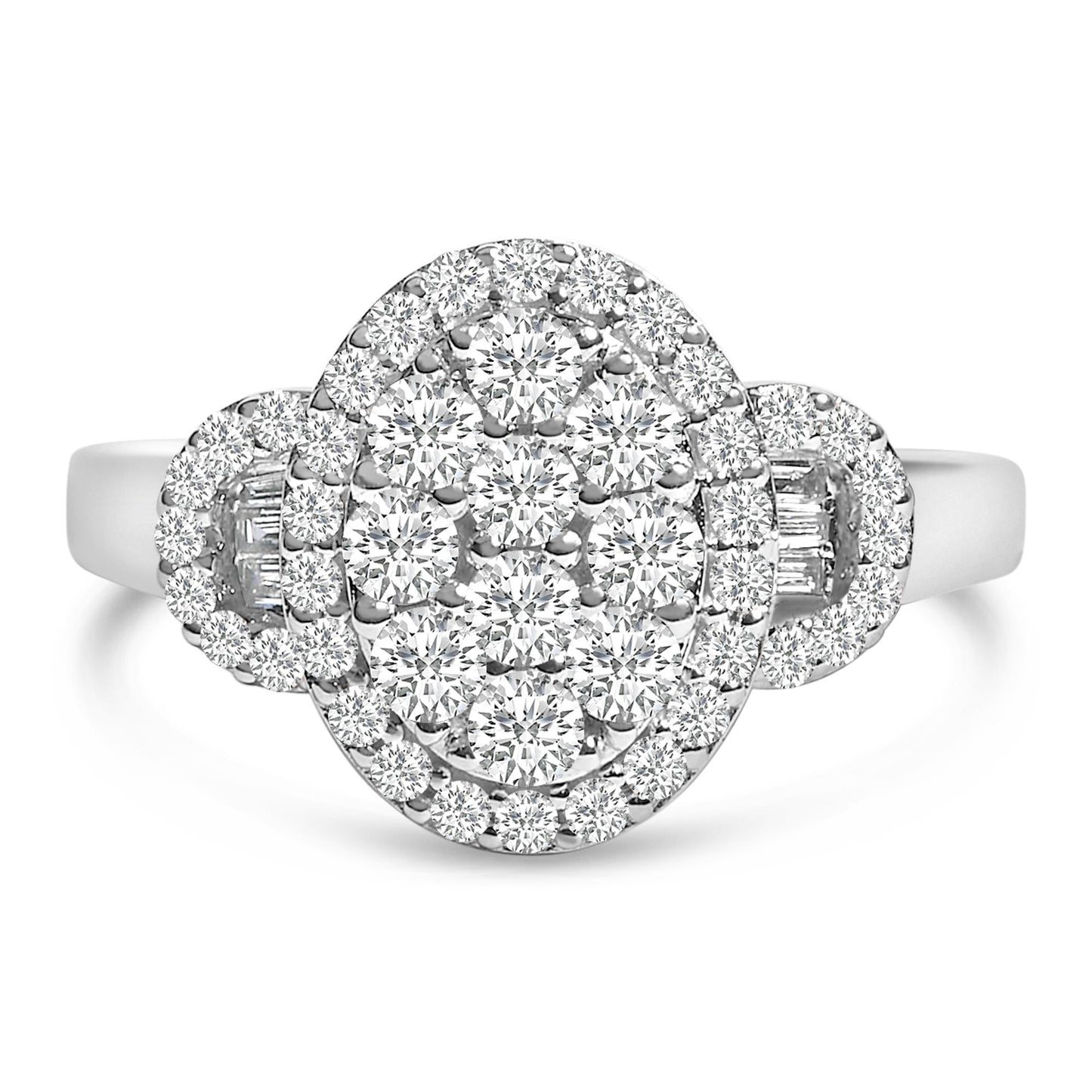 Front angle view of a white metal ring with clusters of round white gemstones in prong settings and baguette white gemstones in channel settings.