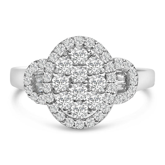 Front angle view of a white metal ring with clusters of round white gemstones in prong settings and baguette white gemstones in channel settings.