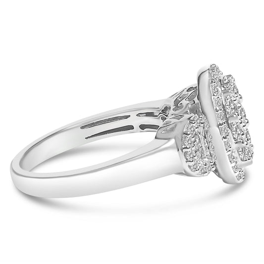 Side view of a white metal ring featuring multiple round and baguette shaped white gemstones in prong and channel settings.