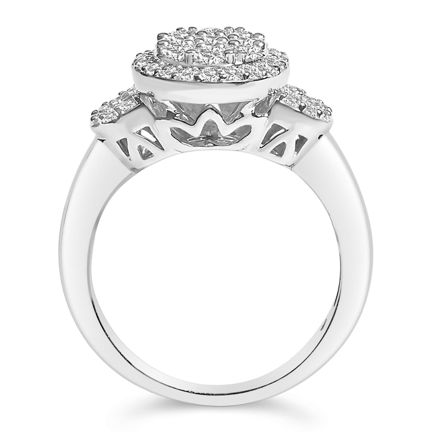 White metal ring shown from the side angle with a round cluster of white gemstones in prong settings on top, smaller round gemstones in prong settings on either side, and baguette-shaped white gemstones in channel settings between them.