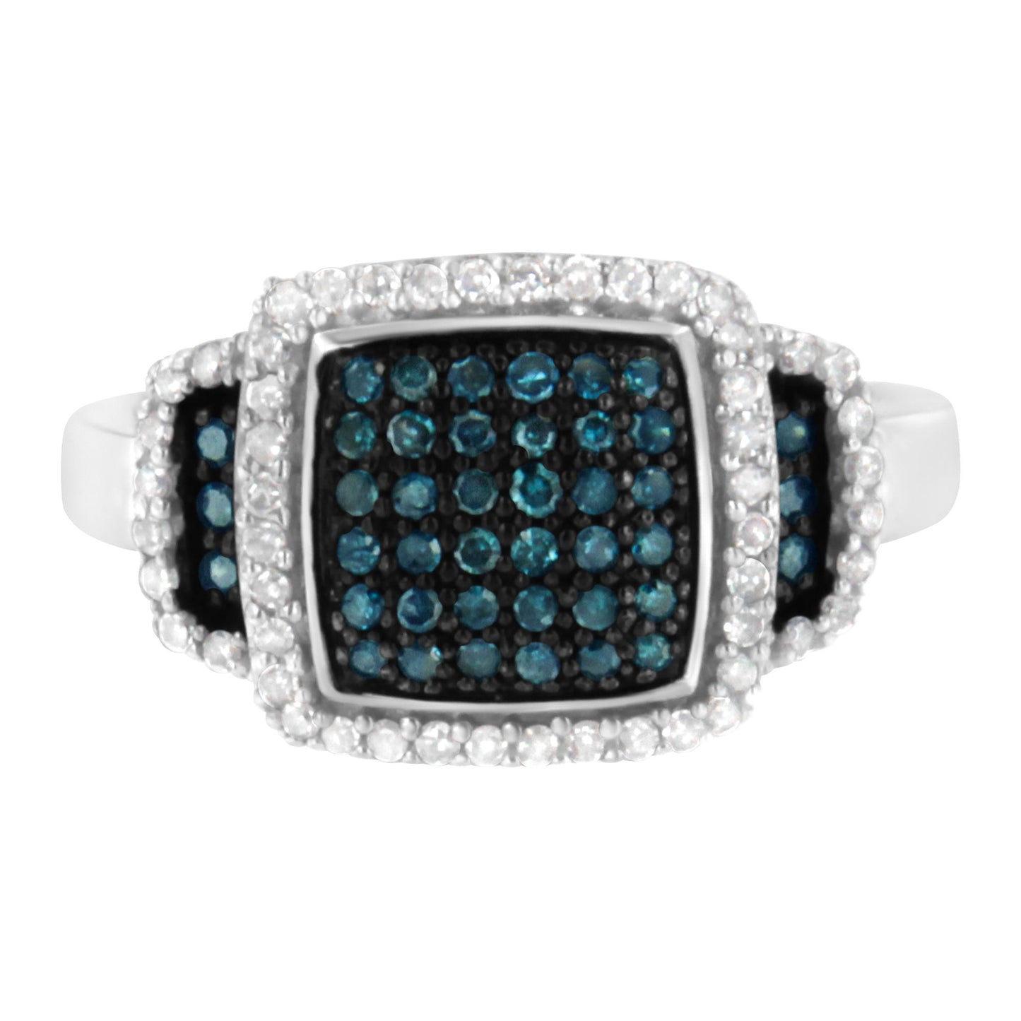 Top-front angle view of a white metal ring featuring a large square cluster of blue gemstones surrounded by pavé-set white gemstones, with additional blue and white gemstone clusters on the shoulders.