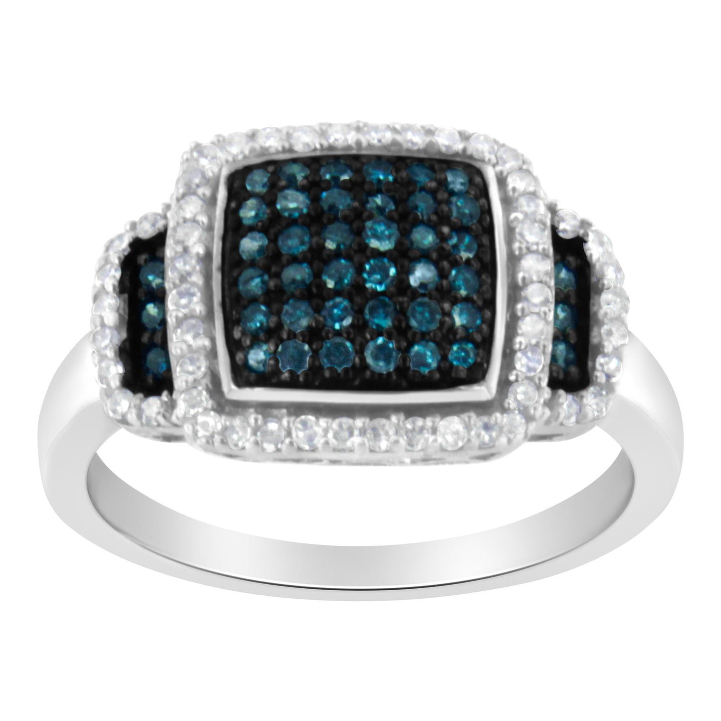 White metal ring with a three-section rectangular top, center and sides featuring blue and white round pave-set gemstones, shown from a front angle.