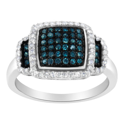 White metal ring with a three-section rectangular top, center and sides featuring blue and white round pave-set gemstones, shown from a front angle.