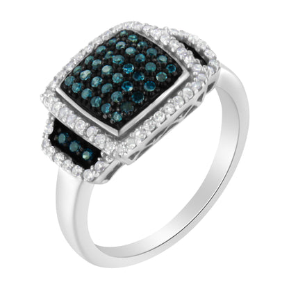 White metal ring with a rectangular top featuring pave-set blue and white round gemstones, shown from a front angle.