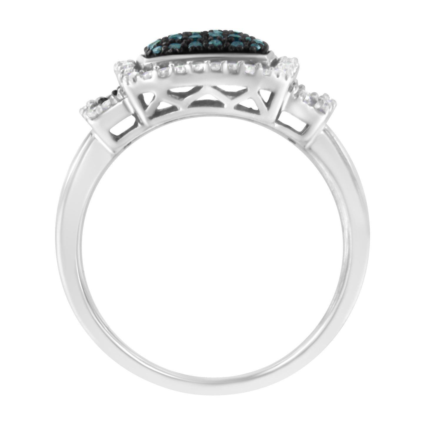White metal ring shown from side angle, featuring clusters of round blue and white pave-set gemstones on the top.