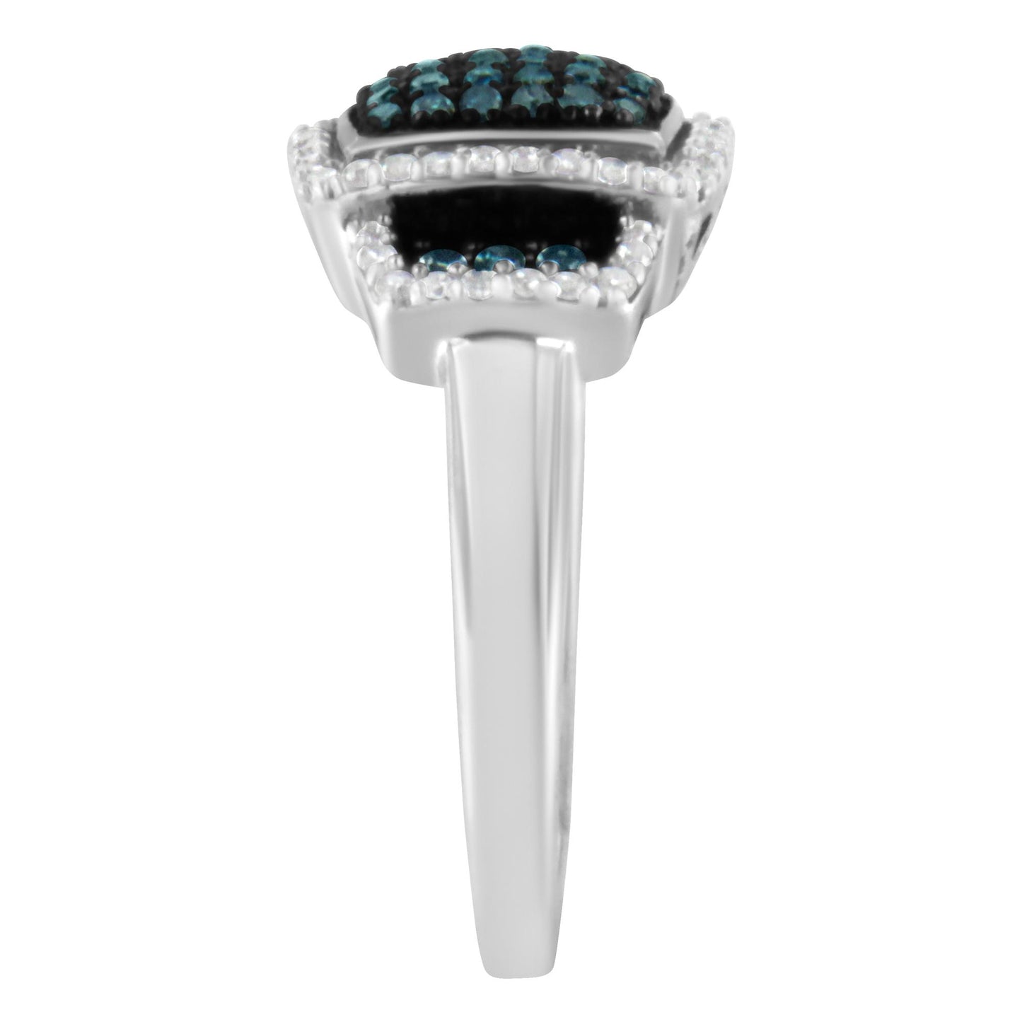 Close-up side view of a white band ring with a rectangular top featuring pave-set round blue and white gemstones.