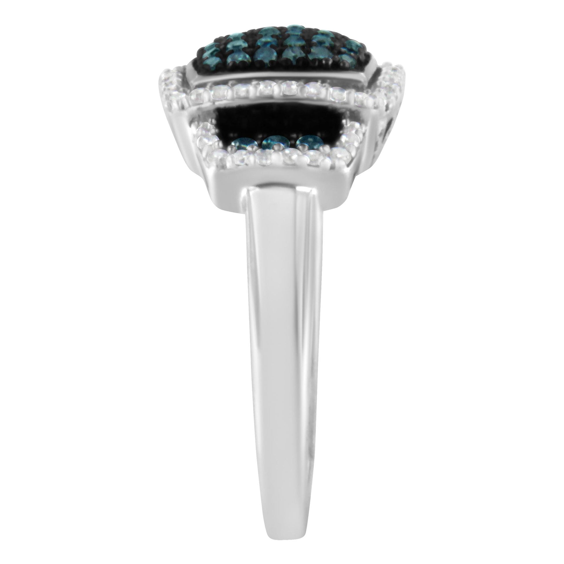 Close-up side view of a white band ring with a rectangular top featuring pave-set round blue and white gemstones.