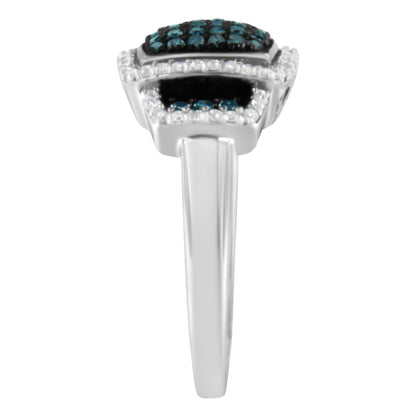 Close-up side view of a white band ring with a rectangular top featuring pave-set round blue and white gemstones.