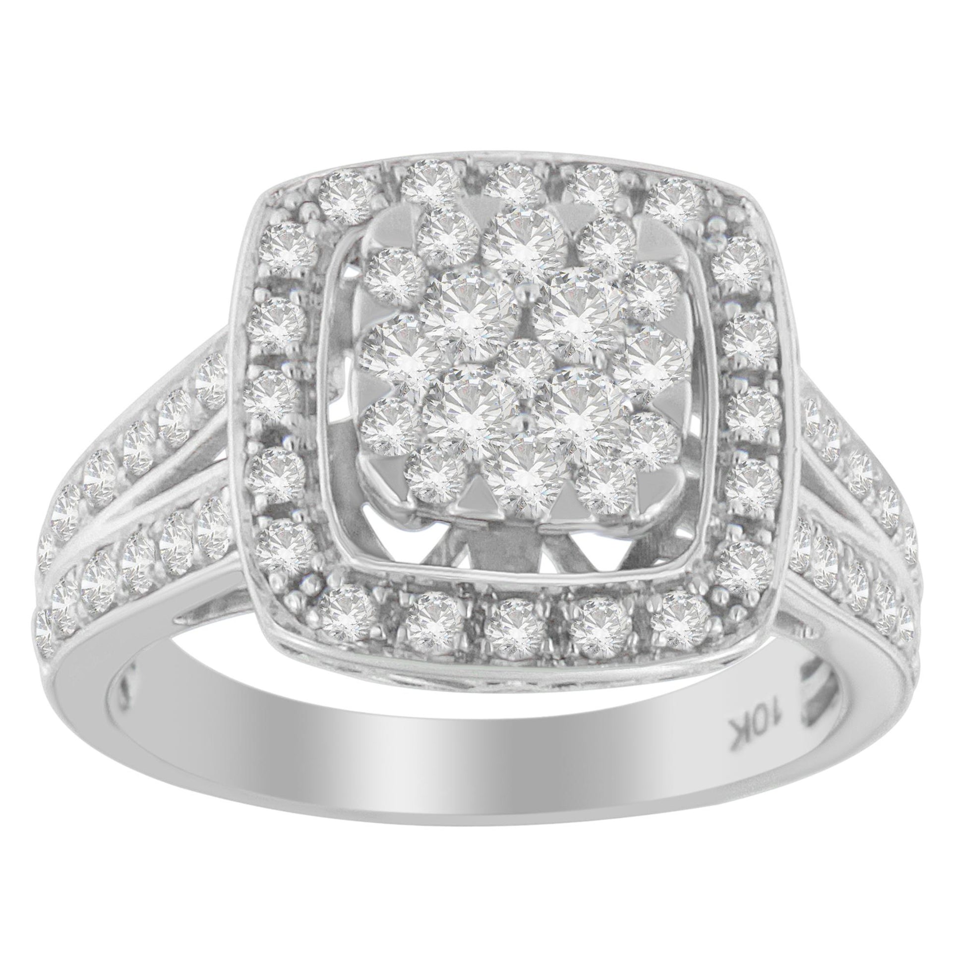 Front angle of a white metal ring with multiple round white gemstones in pave settings covering the top and sides.
