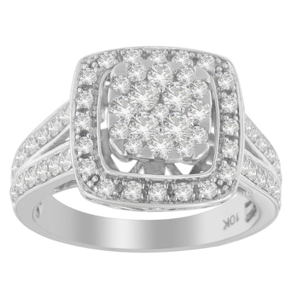 Front angle of a white metal ring with multiple round white gemstones in pave settings covering the top and sides.
