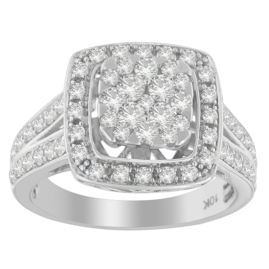 Front angle of a white metal ring with multiple round white gemstones in pave settings covering the top and sides.