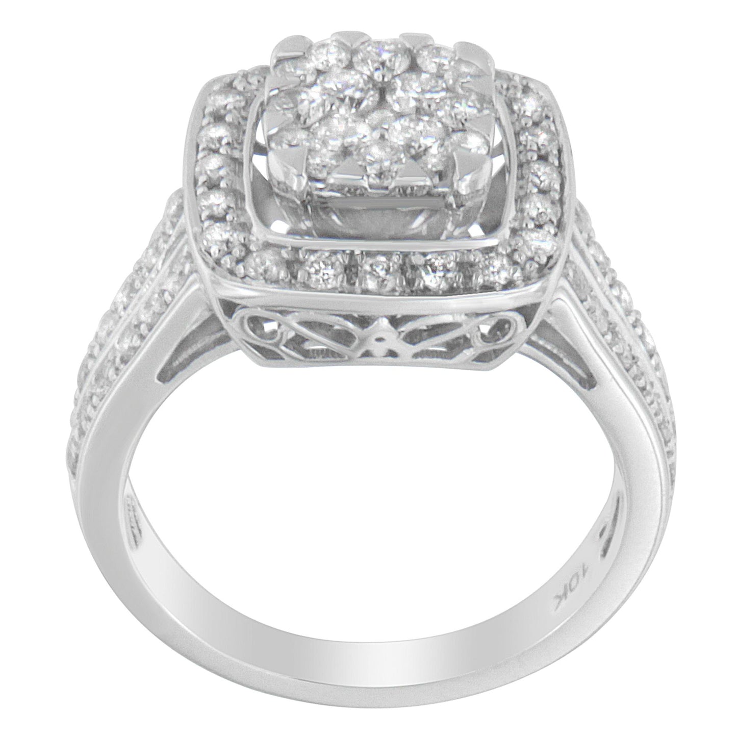 Front angle view of a white metal ring with a square cluster of round white gemstones in pave setting on top and additional round white gemstones along the band sides.