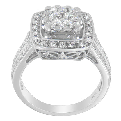 Front angle view of a white metal ring with a square cluster of round white gemstones in pave setting on top and additional round white gemstones along the band sides.
