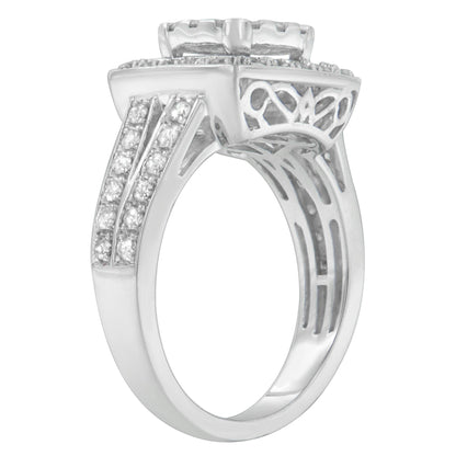 Side angle view of a white ring with round white gemstones in pave setting along the band and intricate cut-out design under the setting.