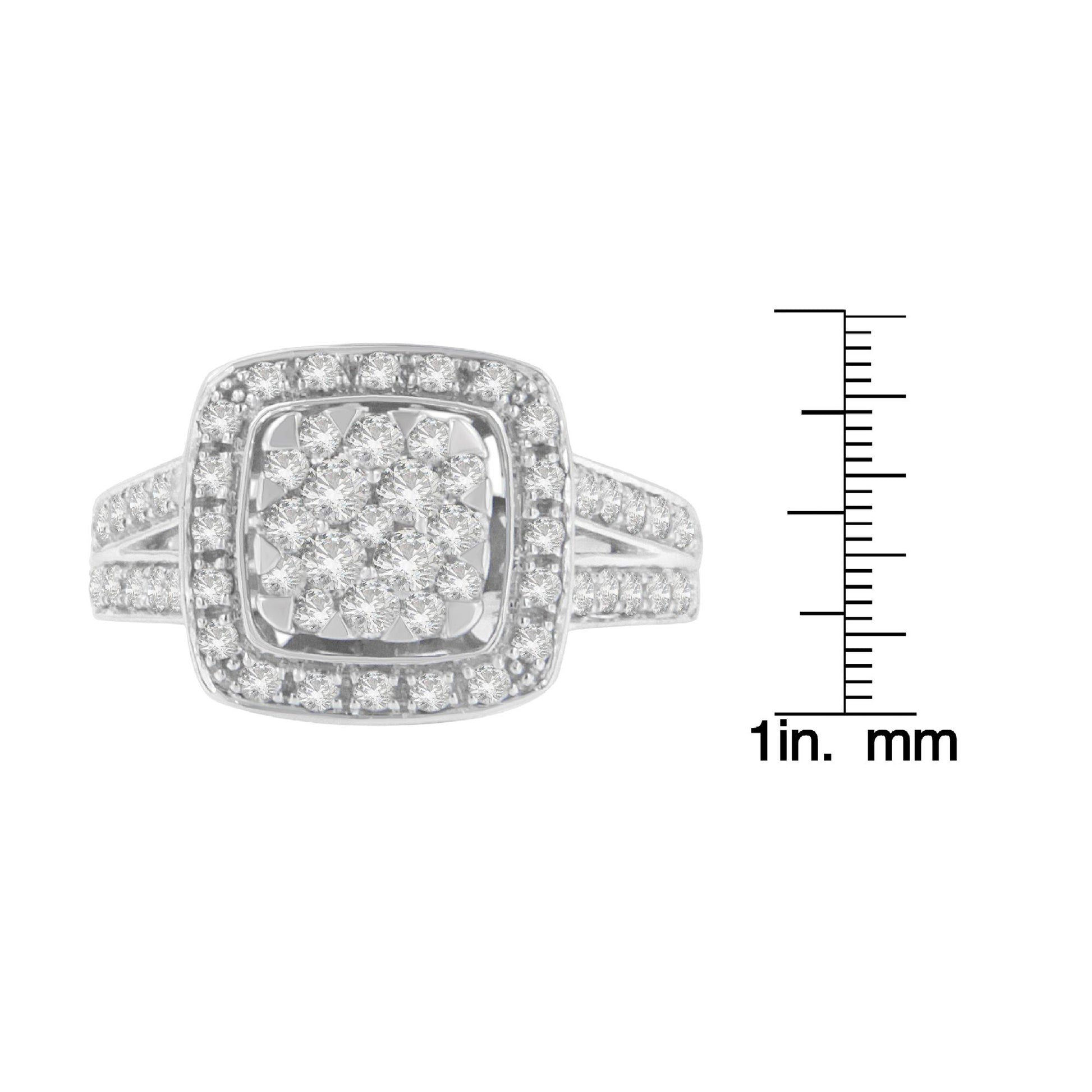 Top front view of a white ring with multiple round white gemstones in pave setting, shown next to a ruler for size reference.