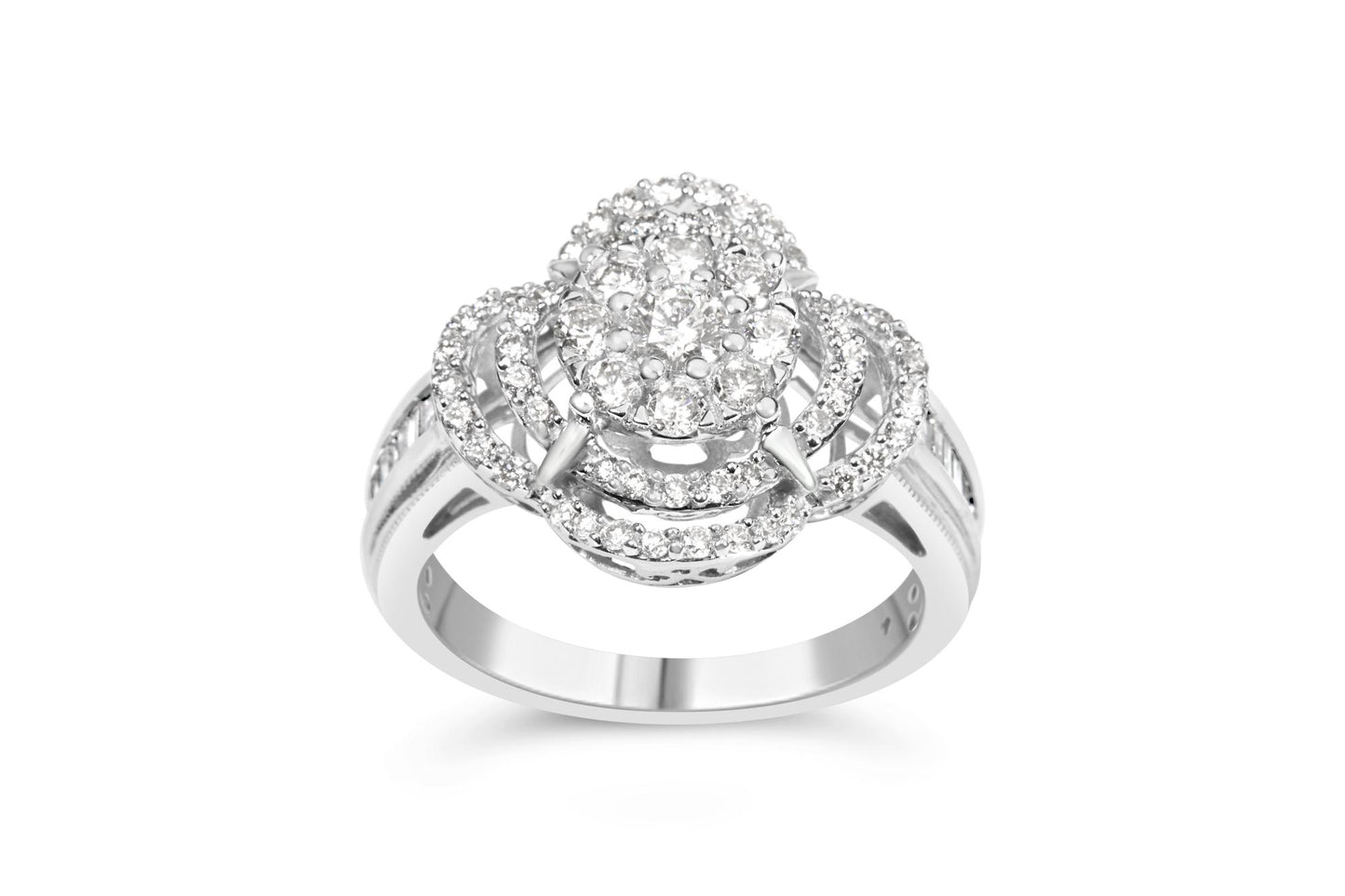 Front-facing close-up of a white metal ring featuring an oval cluster of round white gemstones in prong settings at the center, surrounded by three concentric oval loops also set with small round white gemstones. The band has channel-set baguette-shaped white gemstones and additional round white gemstones in prong settings along the sides. The ring is shown on a white background.