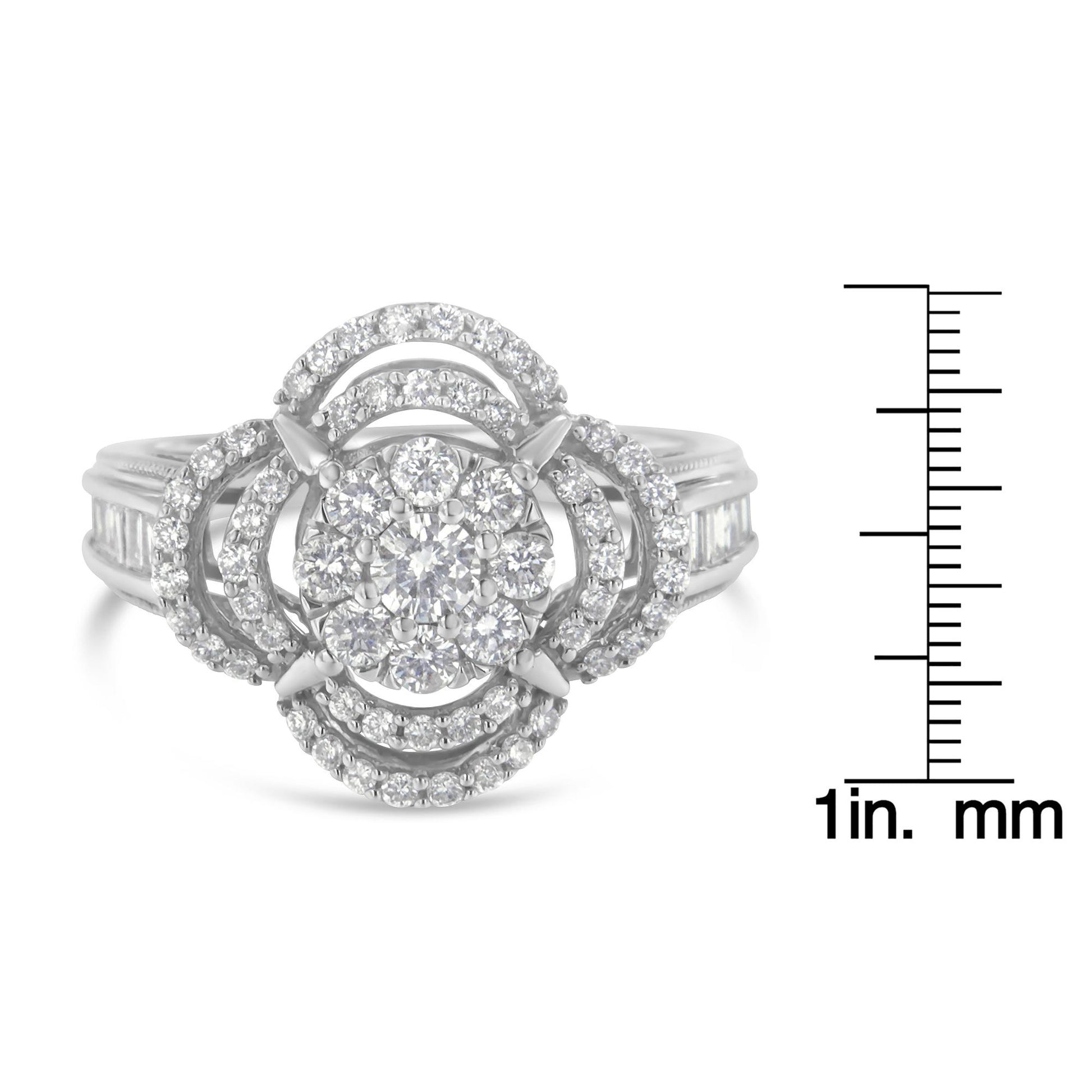 Front-facing shot of a white metal ring with a central cluster of round white gemstones in prong setting, surrounded by curved rows of smaller round white gemstones, and baguette-shaped white gemstones set in channels along the band, shown next to a ruler for size reference.