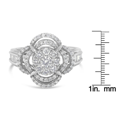 Front-facing shot of a white metal ring with a central cluster of round white gemstones in prong setting, surrounded by curved rows of smaller round white gemstones, and baguette-shaped white gemstones set in channels along the band, shown next to a ruler for size reference.