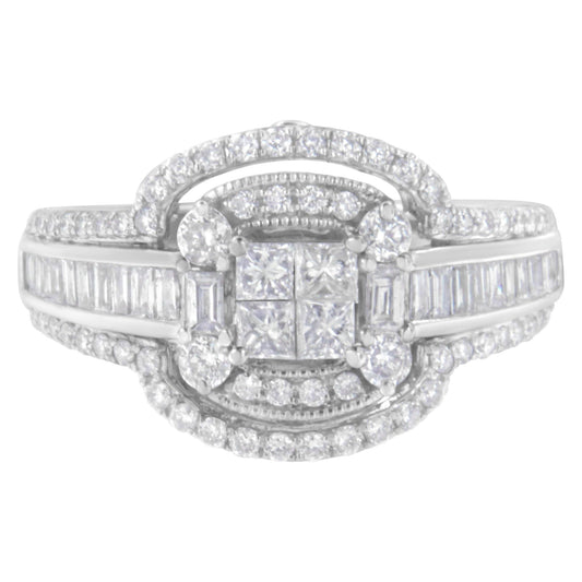 Front view of a white metal ring featuring a square cluster of princess cut gemstones in an invisible setting, surrounded by round gemstones in a pave setting and baguette gemstones in a channel setting along the band.