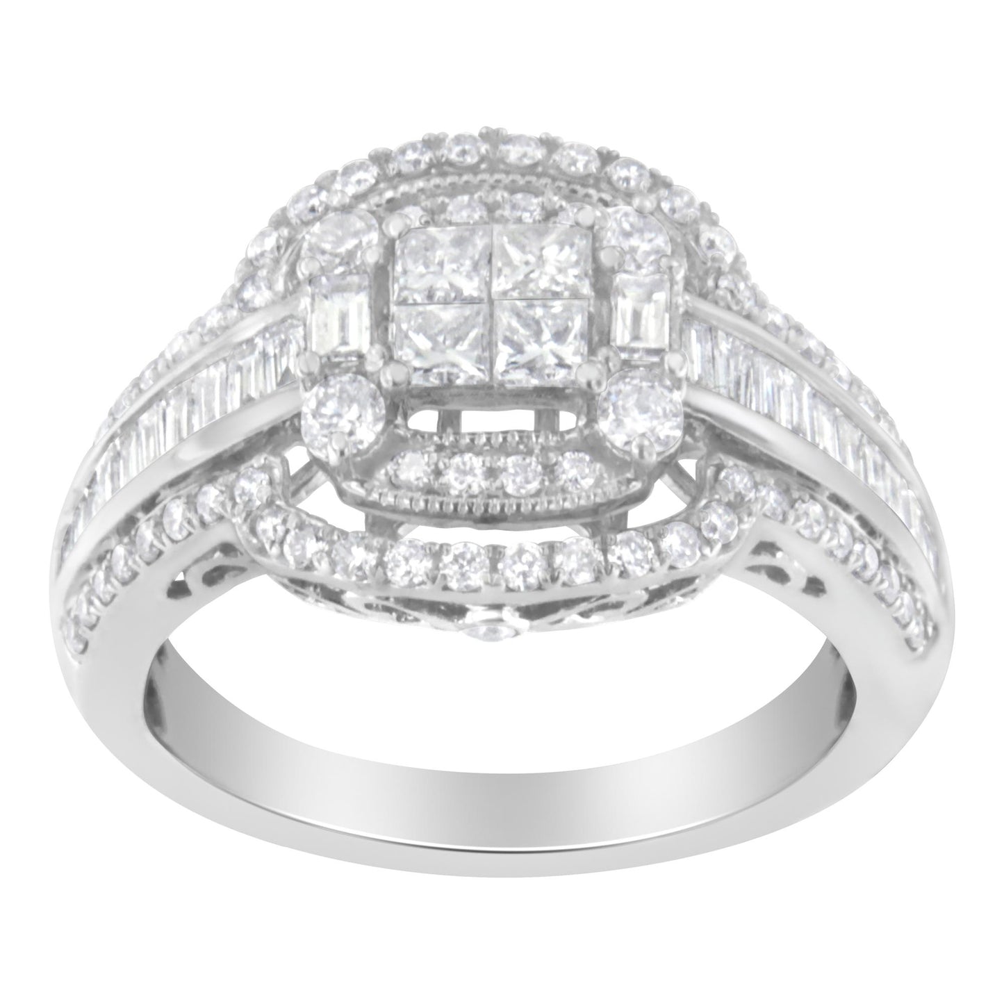 Front angle of white metal ring with round, baguette, and princess shaped white gemstones in pave, channel, and invisible settings.