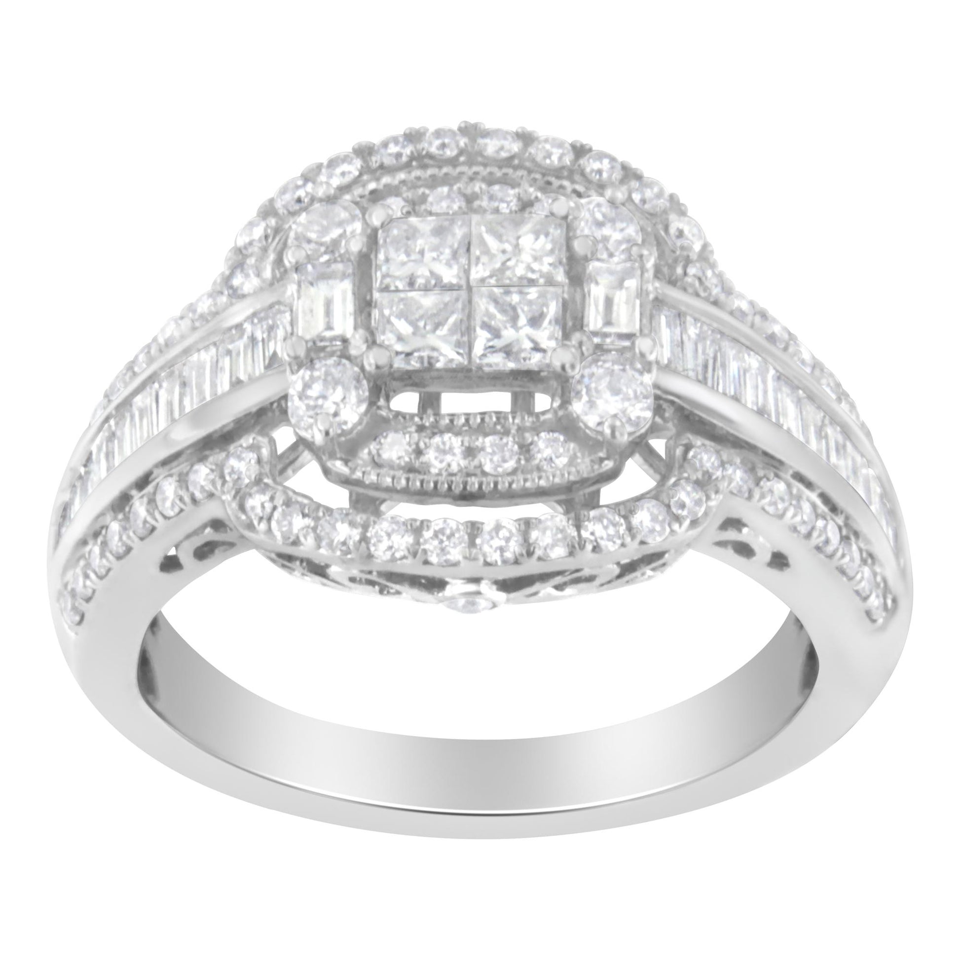 Front angle of white metal ring with round, baguette, and princess shaped white gemstones in pave, channel, and invisible settings.