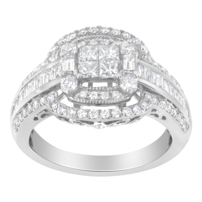 Front angle of white metal ring with round, baguette, and princess shaped white gemstones in pave, channel, and invisible settings.