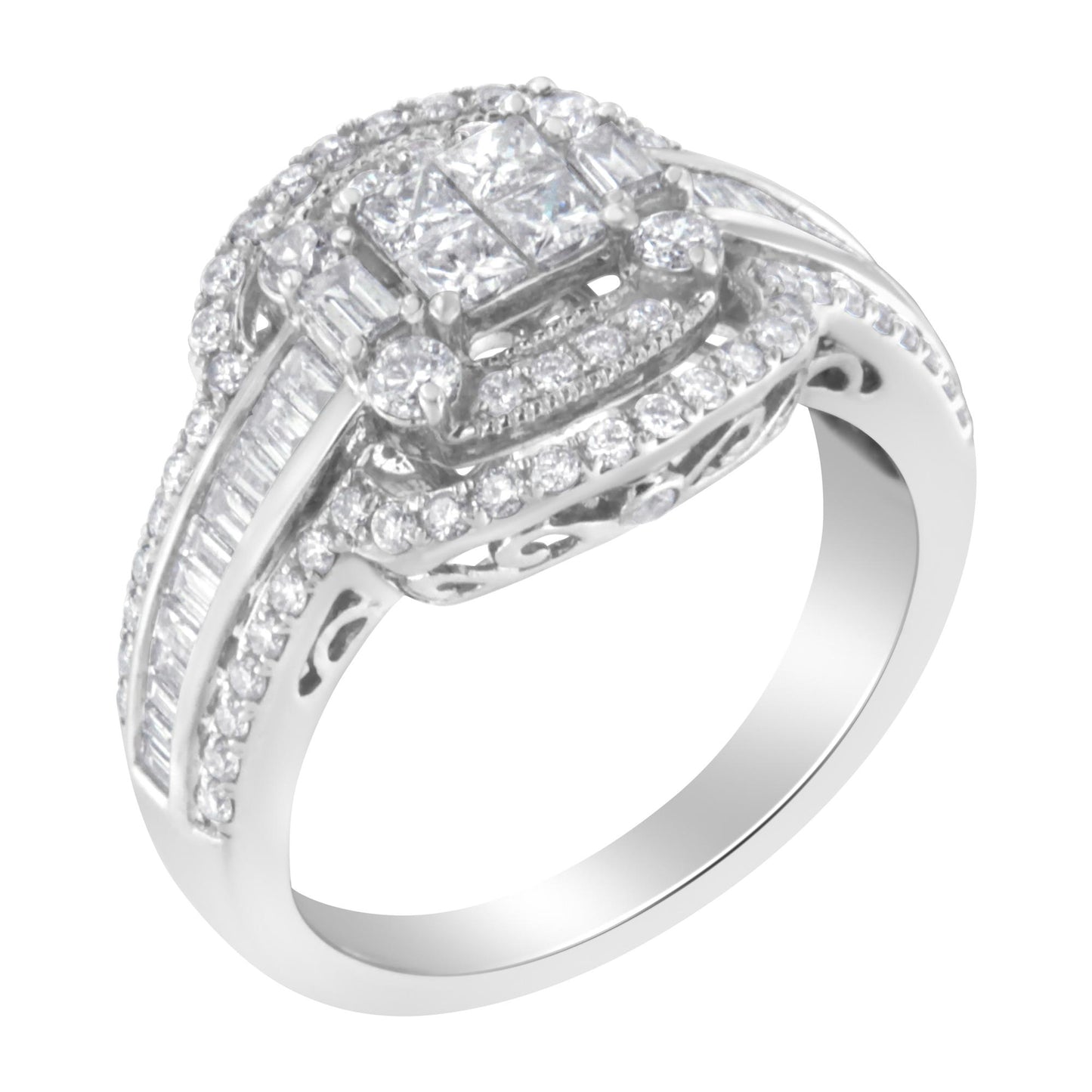 Close-up angled view of a white metal ring featuring multiple white gemstones in round pave, baguette channel, and princess invisible settings.