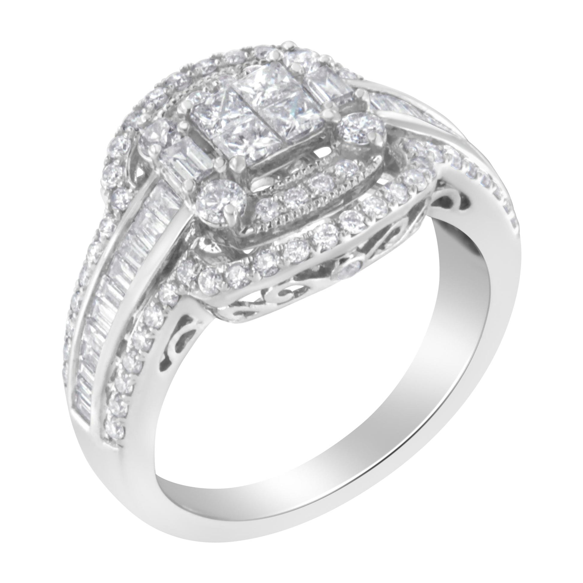 Close-up angled view of a white metal ring featuring multiple white gemstones in round pave, baguette channel, and princess invisible settings.