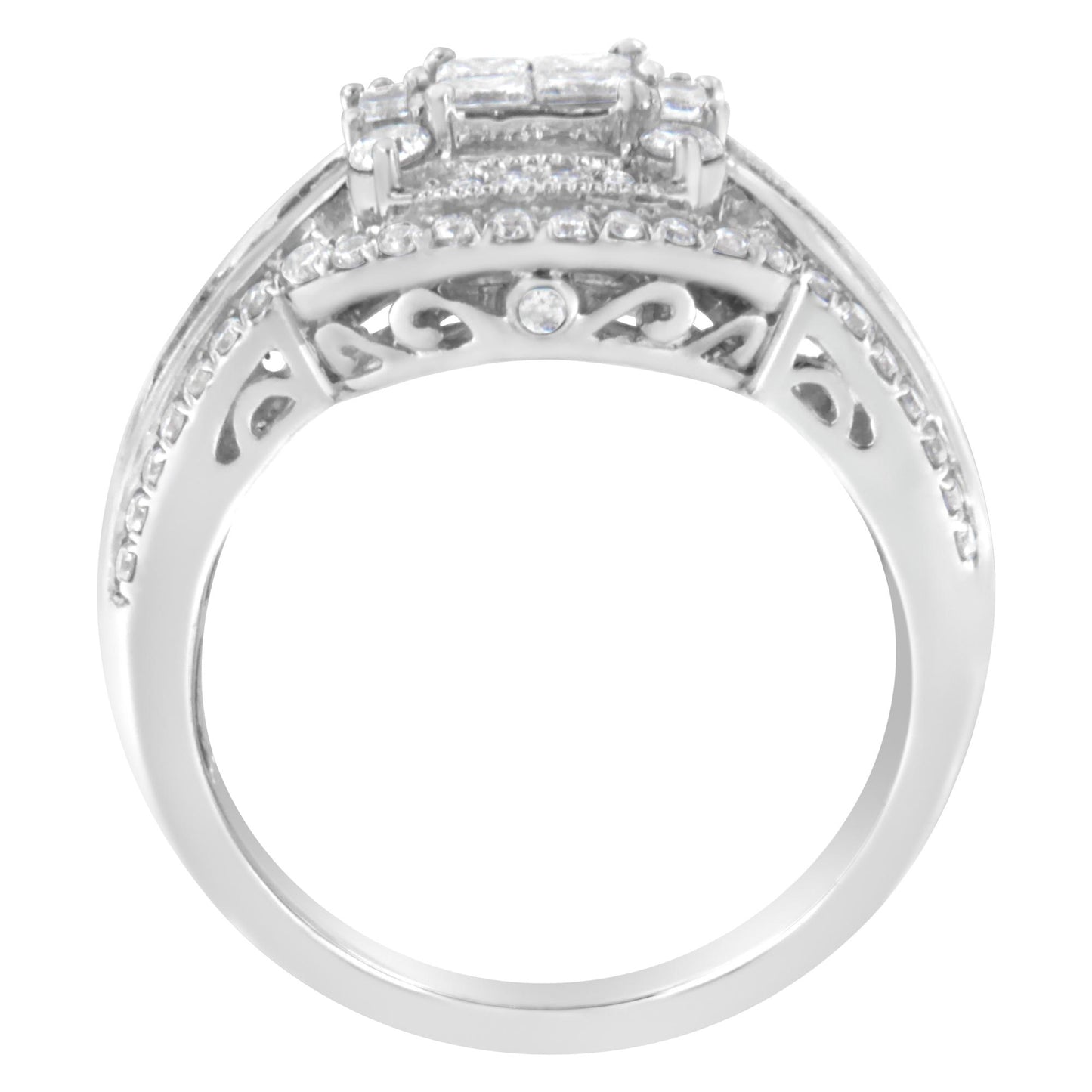 White metal ring with round pave-set white gemstones along the band, baguette-shaped white gemstones in channel settings, and princess-shaped white gemstones in invisible settings, shown from a side angle.