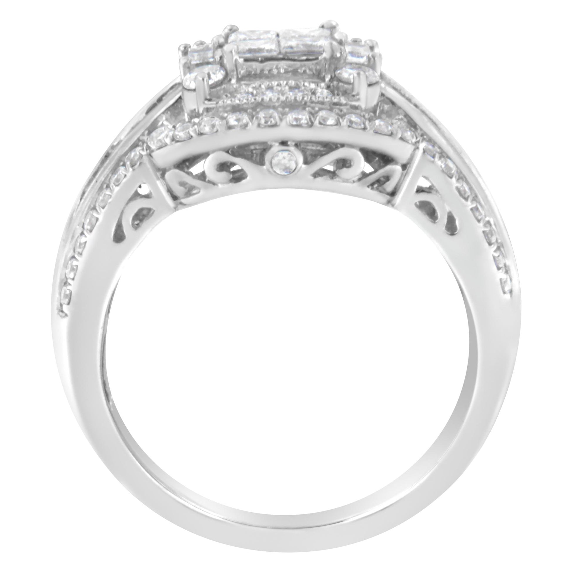White metal ring with round pave-set white gemstones along the band, baguette-shaped white gemstones in channel settings, and princess-shaped white gemstones in invisible settings, shown from a side angle.