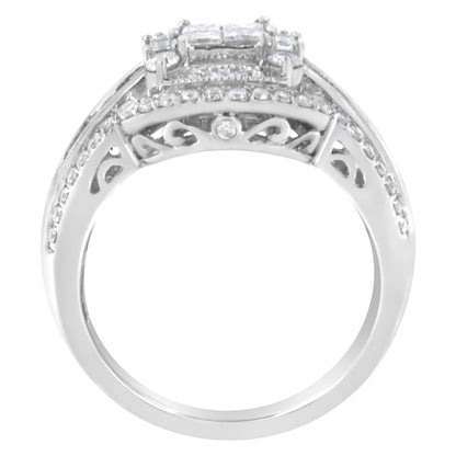 White metal ring with round pave-set white gemstones along the band, baguette-shaped white gemstones in channel settings, and princess-shaped white gemstones in invisible settings, shown from a side angle.