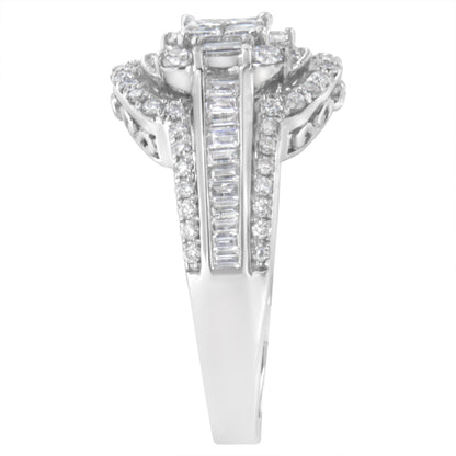 Top view of a white metal ring featuring round gemstones in a pave setting around the band edges, baguette gemstones in a channel setting down the center, and princess-shaped gemstones in an invisible setting at the top.