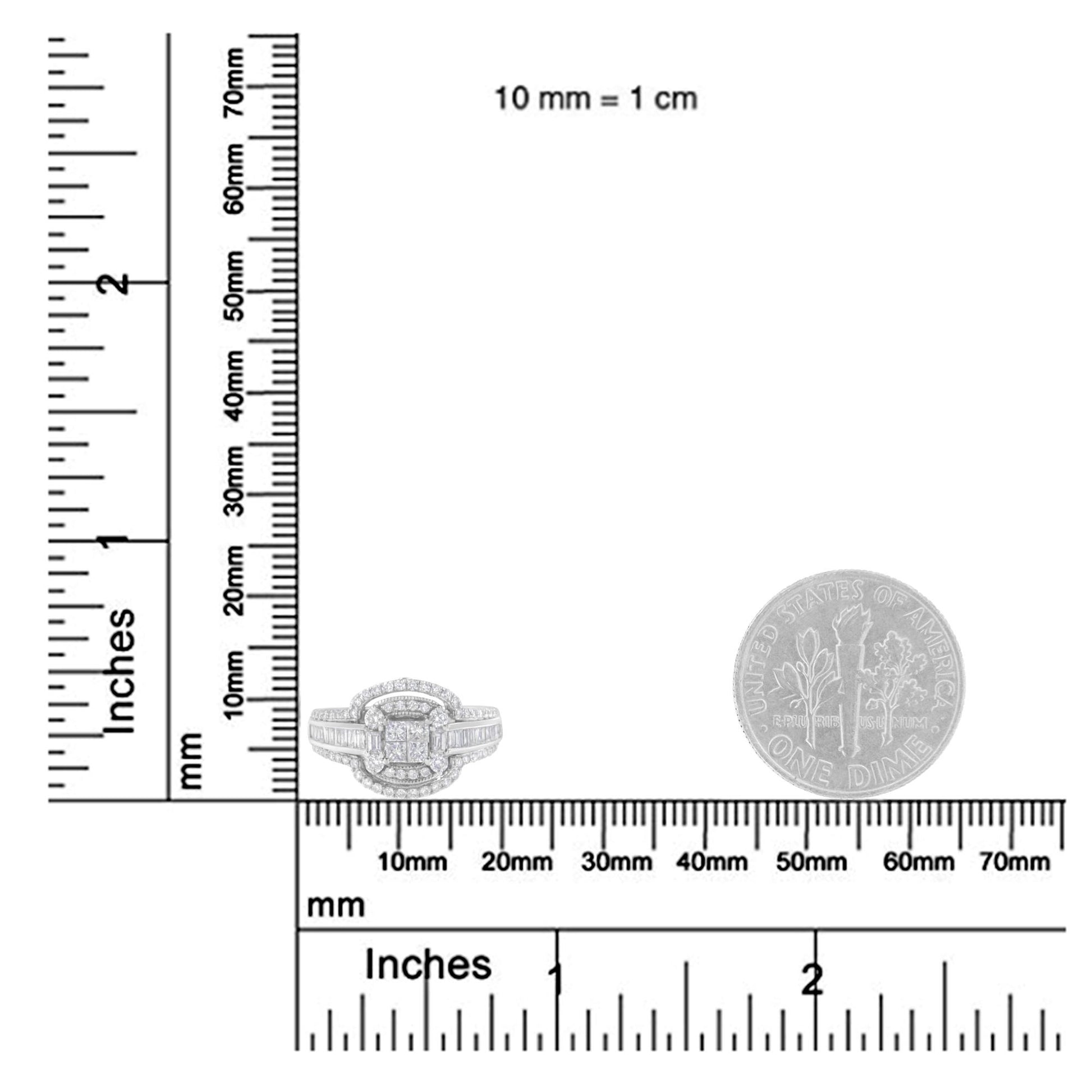 White metal ring with multiple white gemstones in round, baguette, and princess shapes, shown from the front on a ruler scale for size reference.