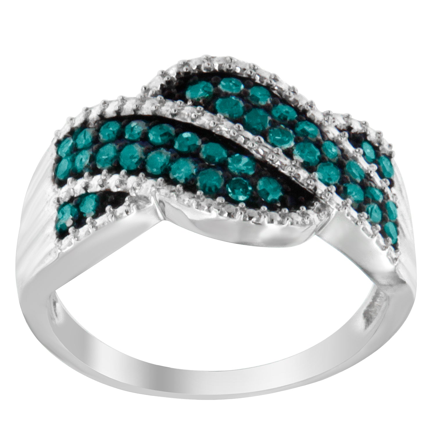 White ring with overlapping bands set with round blue gemstones in prong settings, shown from a front angle.