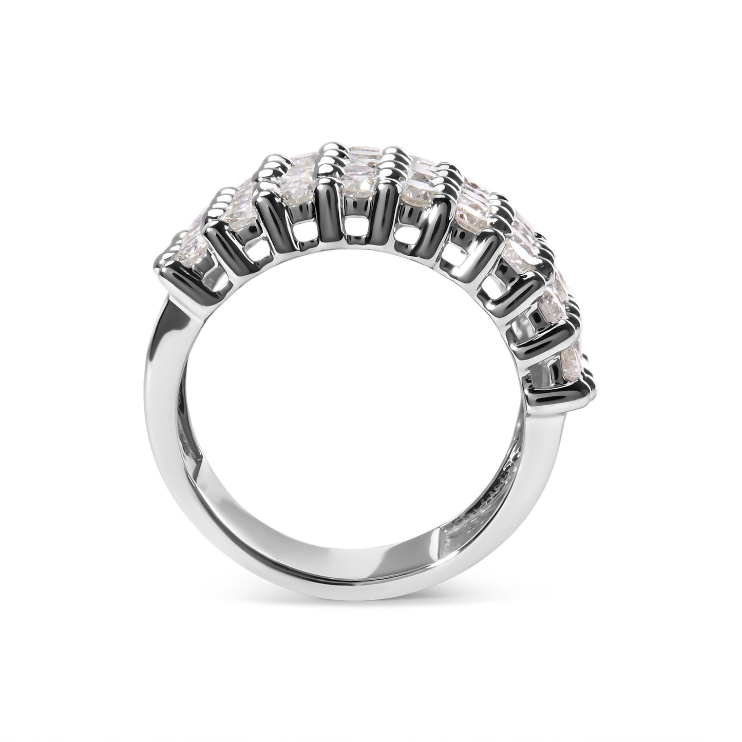 Close-up front angle of a white metal ring featuring a row of round white gemstones set in prong settings along the top.