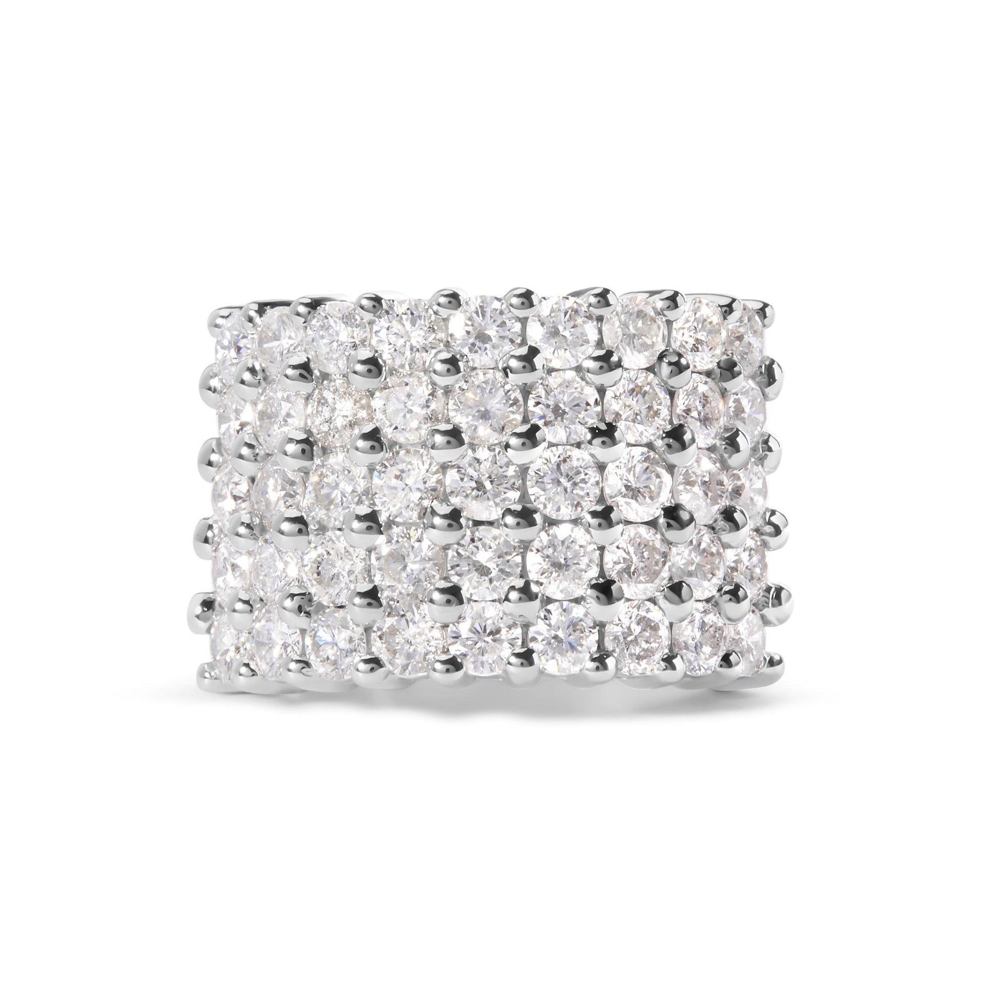 Close-up front view of a wide white metal ring featuring multiple rows of round white gemstones in a prong setting.