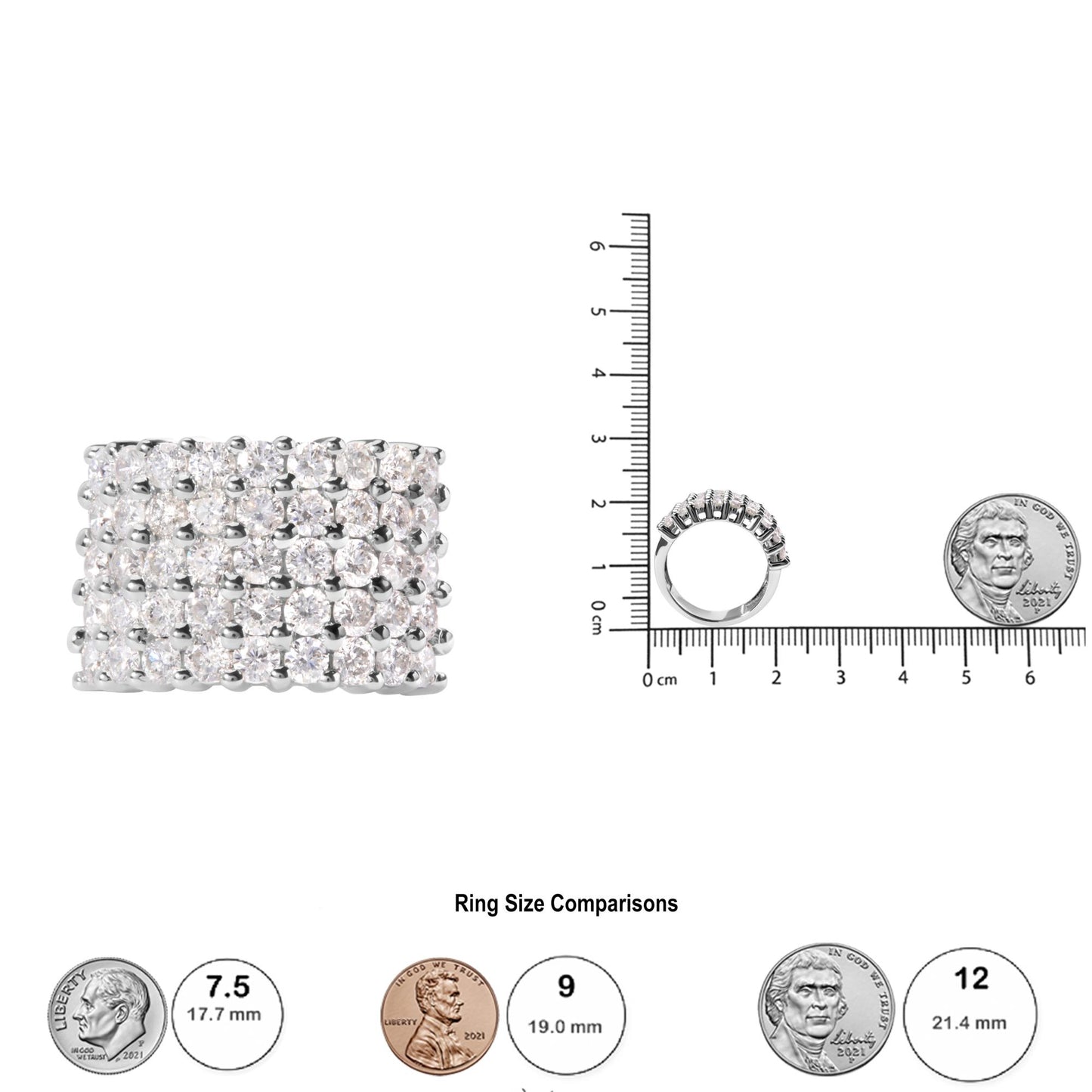 White ring with multiple rows of round white gemstones in prong settings, shown from front and side angles on a scale with coins for size comparison.