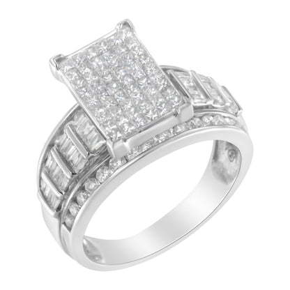 Close-up angled view of a white metal ring featuring a rectangular cluster of princess cut white gemstones in an invisible setting on top, with rows of baguette and round white gemstones set in channels along the band.