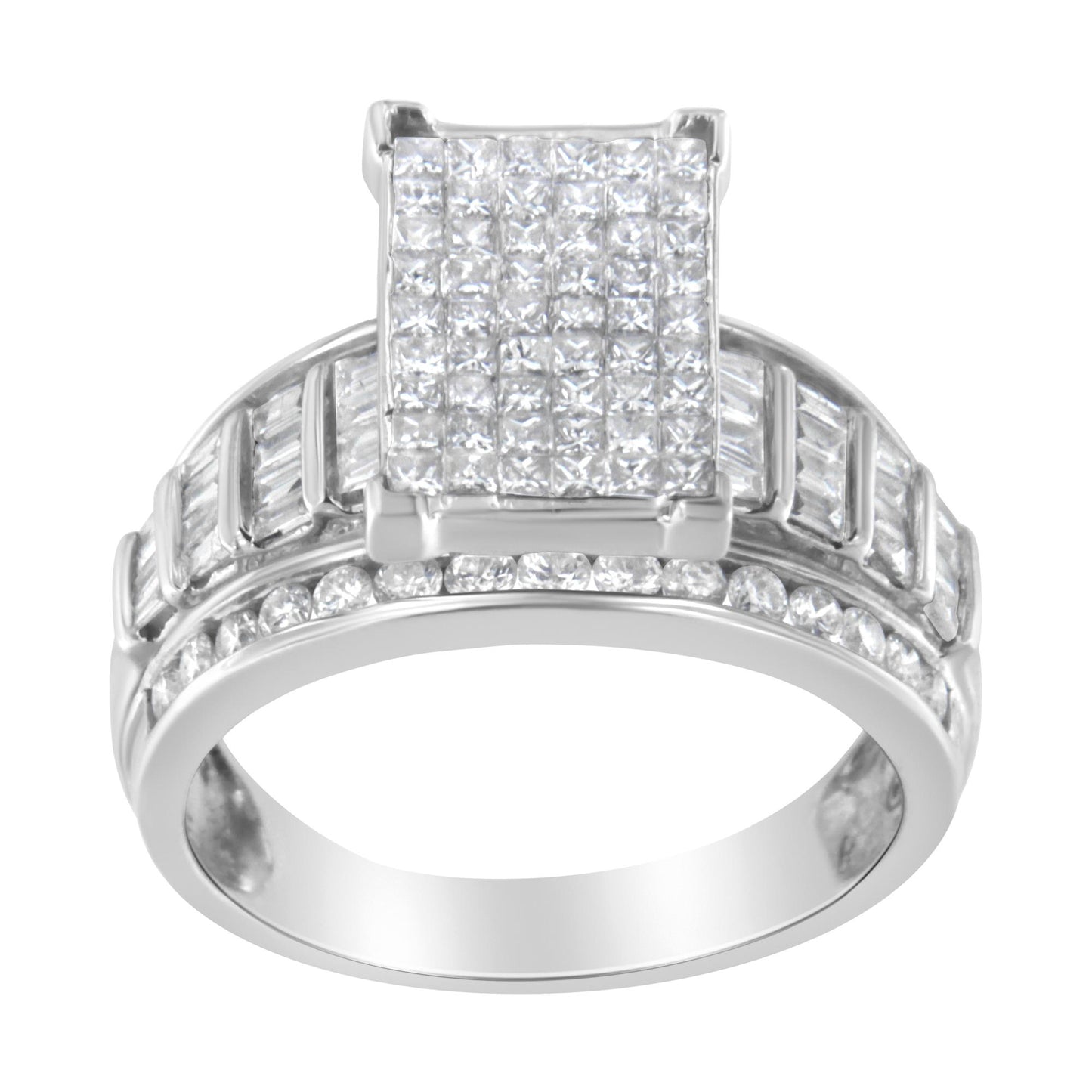 Front view of a white metal ring with a large square cluster of princess-shaped white gemstones in invisible setting on top, flanked by two rows of baguette-shaped white gemstones in channel setting, and a band adorned with round-shaped white gemstones in channel setting.