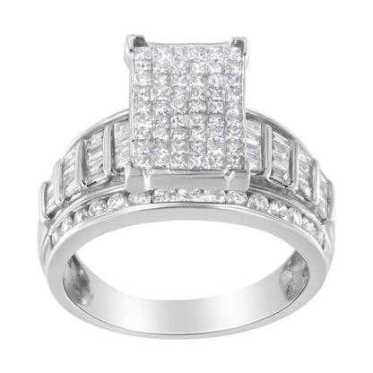 Front view of a white metal ring with a large square cluster of princess-shaped white gemstones in invisible setting on top, flanked by two rows of baguette-shaped white gemstones in channel setting, and a band adorned with round-shaped white gemstones in channel setting.