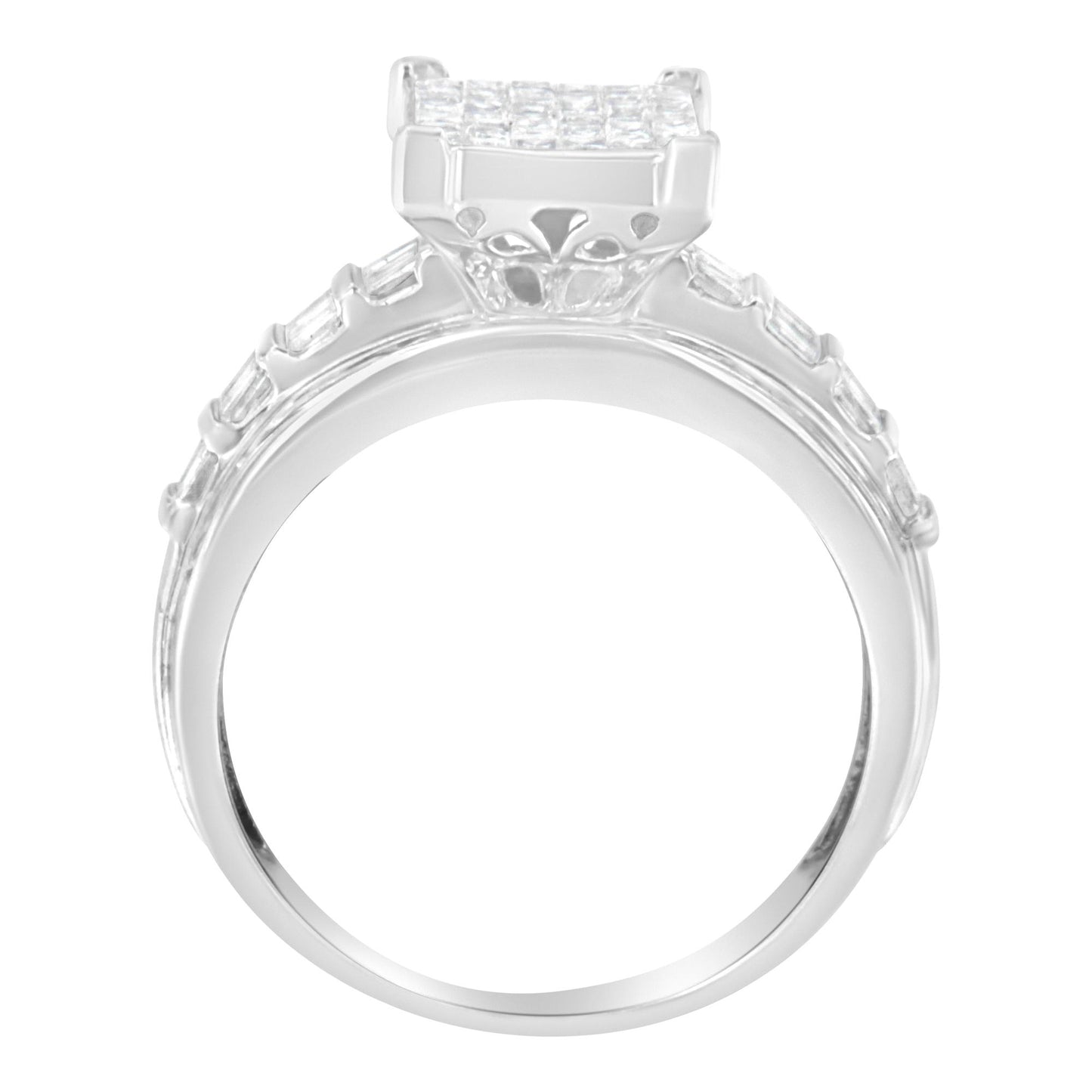 Front-facing view of a white metal ring featuring multiple white round, baguette, and princess shape gemstones in channel and invisible settings.